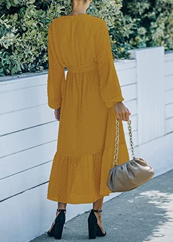 קירונדו נשים של ארוך שרוול הדפס מנומר כפתור זורם אונליין גבוהה מותן מידי שמלות עם חגורה