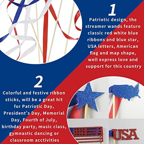 Dulsia 4 ביולי פטריוטית פטריוטית Stremer Streams - 20 יחידות דגל אמריקאי מקלות סרטים, חגיגת יום העצמאות