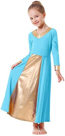 IBAKOM בנות מטאליות זהב V-צווארון שמלות ריקוד שבחים כנסייה ליטורגית רופפת בכושר אורך מלא בלוק בגדי
