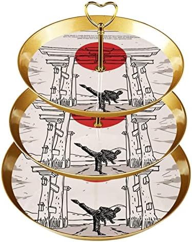 תצוגה למאפה עם 3 מגש הגשה עגול שכבות, בניין היסטורי יפני דוג'ו מצויר ביד מחזיק עץ מגדל קאפקייקס, עמדת