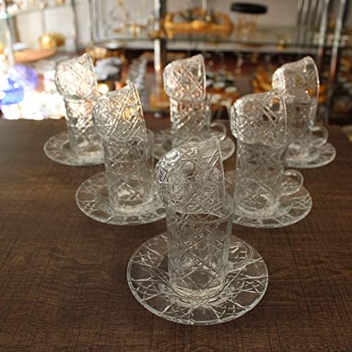 סט זכוכית תה טורקית של קריסטל פרימיום - סט זכוכית קפה קריסטל, 18 יח ' - עם מלאכת יד צלוחית, זכוכית איכותית