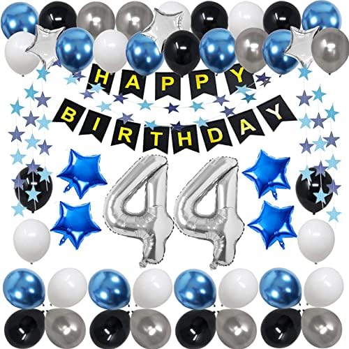 RBYOO קישוטי יום הולדת 44 לגברים נשים, כחול שחור שמח 44 מסיבת יום הולדת בלונים אספקה ​​כולל 44 באנר