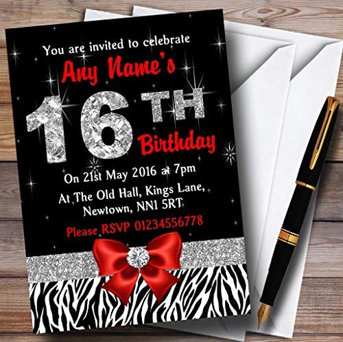 יהלום אדום וזברה הדפיסו הזמנות מותאמות אישית למסיבת יום הולדת 16
