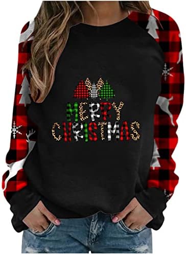 נשים 2022 חג המולד חולצות מתגנדר מזדמן ארוך שרוול משובץ קרוע סוודר חמוד חג המולד גרפי צווארון עגול חולצות