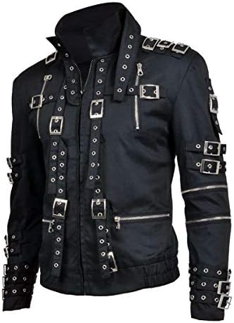 III-Fashions Mens Pop Michael Vintage אופנוען רעים קונצרט חגורה תלבושת כותנה ז'קט שחור
