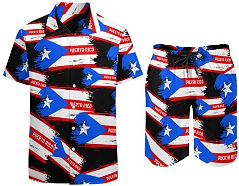 דגל פוארטו ריקו, תלבושות חוף של 2 חלקים, כפתור הוואי מטה חולצה עם שרוול קצר וחליפות מכנסיים קצרים