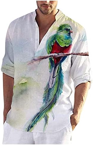 חולצות הנלי של Ubst Men's Vers, חולצות סתיו כותנה עוזב שרוול ארוך ציפורים להדפיס חולצות הוואי מזדמנים צמרות