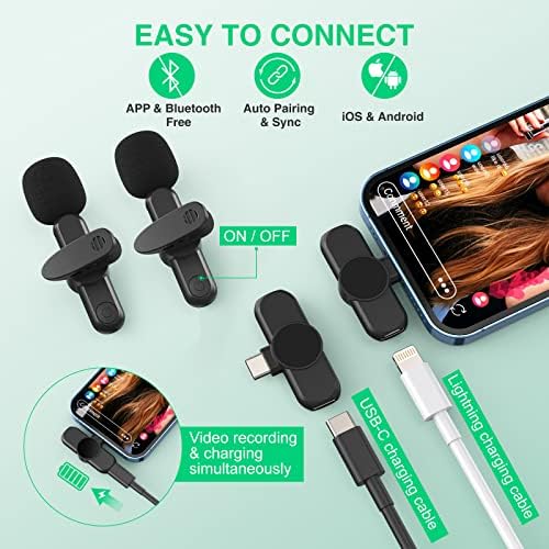 Qtree Intelligence Microphone Lavalier Lavalier עבור iPhone iPad Android, 2Pack Plug-Play 2.4Hz Rechentation