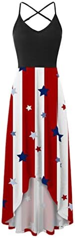 4 ביולי שמלות מקסי לנשים שמלת בוהו קיץ מזדמן דגל אמריקאי סקופ צוואר קאמי שמלות קיץ ללא שרוולים