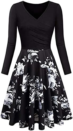 שמלת וינטג 'לנשים אלגנטית פרחונית מתרחבת עם שרוולים ארוכים V צוואר א-קו-קו מתנדנד שמלות מסיבות מזדמנים