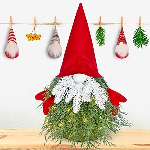 עץ חג המולד של גנום גנום מראש, עץ חג המולד של שולחן השולחן עם 3 קישוטים לתלייה גמדים, קישוטים קטנים לעץ חג המולד