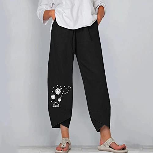 מכנסי קפרי של תפיסה לנשים קיץ מזדמן מכנסי פשתן כותנה רופפים מכנסיים מותניים אלסטיים מכנסי קפריס רחבים