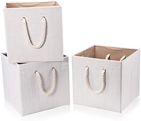 סט שוד של 3 פחי אחסון בקוביית בד בז 'בז' עם ידית חבל כותנה, מארגן קופסאות סל עמיד בפני מדפים בגודל