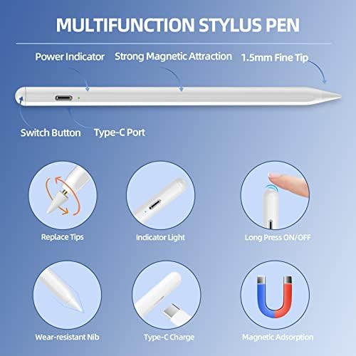 עט חרט לאייפד, עפרון אפל עם דחיית דקל, תואם ל- Apple iPad Pro, iPad Air 3/4 Gen, iPad 6/7/8th Gen, iPad Mini