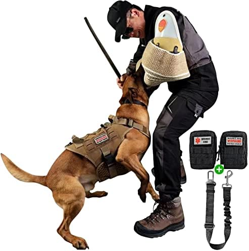 רתמת כלבי שירות לכלבים גדולים, אפוד כלבי שירות עם חגורת בטיחות לרכב ונרתיק מול צבאי טקטי, לוח