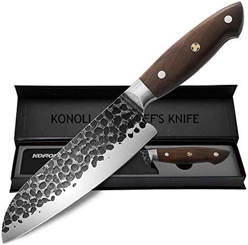 Konoll Santoku סכין שפים שפים סכין סכין סכין 7 אינץ 'סכין מטבח מקצועית בעבודת יד, פלדת פחמן גבוהה גרמנית