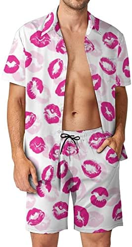 שפתיים ורודות נשיקה-לופארד הדפסת גברים 2 יחידות הוואי הגדר כפתור כפתור רופף טייז חולצות חוף מכנסי