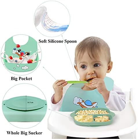 Acwiwil Silicone Bibs לתינוקות, צלחות פעוטות עם יניקה, כלי אוכל לילדים, צלחות לתינוקות וסינון עם לוכד מזון,