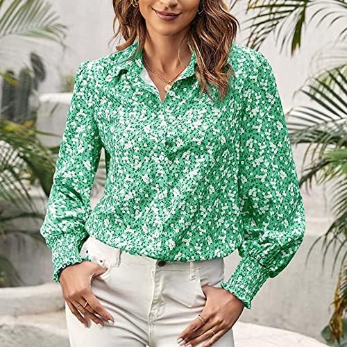 חולצות לנשים קיץ מזדמן - צמרות שרוול ארוך נשים קיץ V חולצות פרחים צוואר כפתור על חולצות למטה