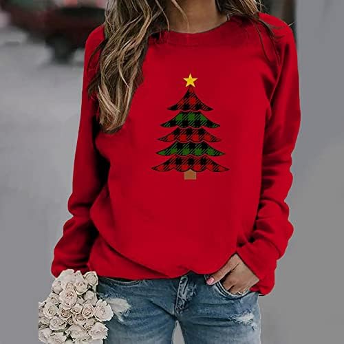 חג המולד סוודרים לנשים ארוך שרוול רופף מזדמן טי סוודר חולצות ירוק אדום משובץ חג המולד עץ צווארון