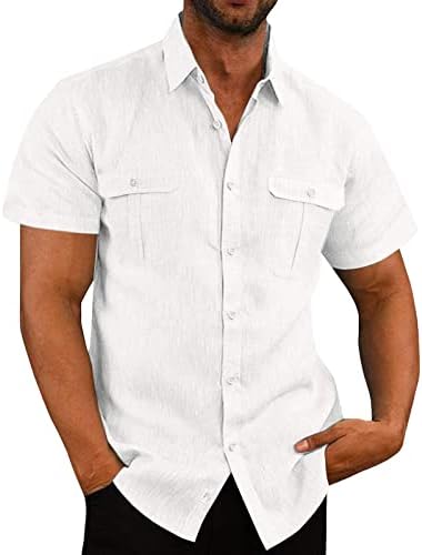 חולצות פשתן כותנה של Beuu לגברים, כפתור שרוול קצר בקיץ למטה חולצת טי כפולה חולצה רגועה בכושר
