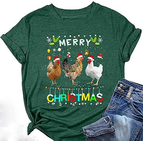 מצחיק חג המולד חולצות לנשים מצחיק תרנגול גרפי טיז צווארון עגול קצר שרוול קיץ חולצות חידוש חג חולצה
