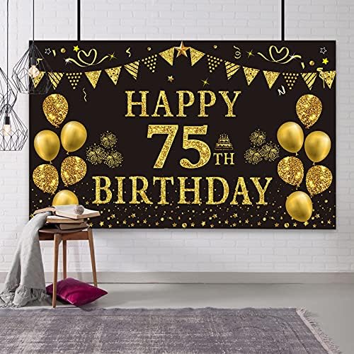 רקע יום הולדת 75 זהב ושחור 5.9 על 3.6 רגל קישוטים למסיבת יום הולדת שמח באנר לנשים גברים אספקת צילום רקע קישוט