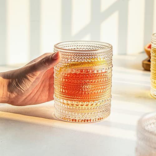 כוסות זכוכית כוסות שתייה וינטג 'סט של 4, כוסות הובנייל בהירות, כלי זכוכית עיצוביים מובלטים, משקפי