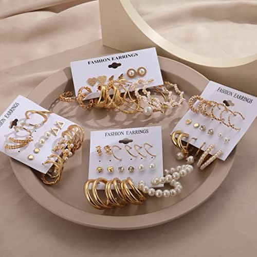 36 זוגות זהב עגילי סט לנשים בנות, אופנה פרל שרשרת קישור הרבעה זרוק להתנדנד עגילי חבילת הצהרת עגיל